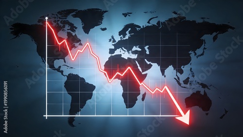 A vivid red glowing line graph illustrating a severe global economic downturn with a sharp decline across the world map background.