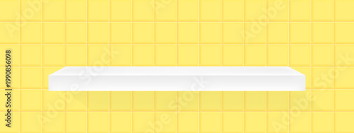 Bright geometric realistic bathroom background with white shelf on square mosaic tiles in yellow color