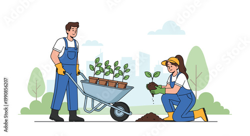 Man and woman working together in blue overalls to plant young tree saplings in a city park with a wheelbarrow nearby.