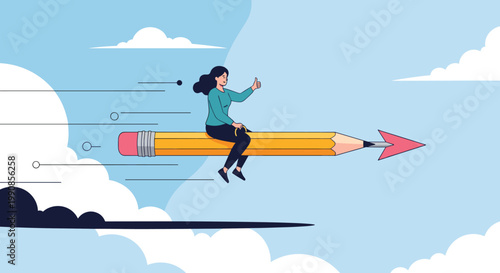 Woman riding on a giant yellow pencil with an arrow tip through a blue sky with clouds while giving a thumbs up sign.