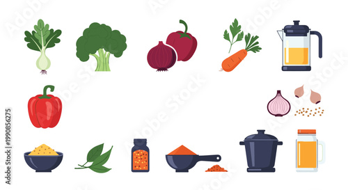 Collection of fresh vegetables and kitchen cooking equipment including broccoli, onion, peppers, carrots, a French press, and a stockpot.