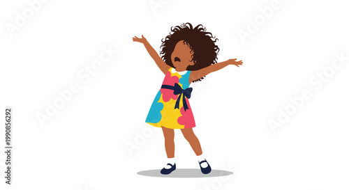 Young child with big curly hair wearing a colorful floral dress and yelling with her arms outstretched against a white background.