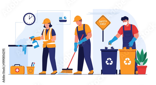 Illustrated safety vector showcasing workers in personal protective equipment doing sanitation and waste management in a work environment, promoting accident prevention, conveying a clean