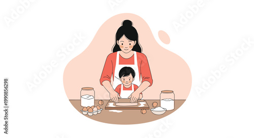 Mother helping her young son roll out dough on a kitchen counter with flour, eggs, and jars of ingredients nearby in a cozy kitchen.