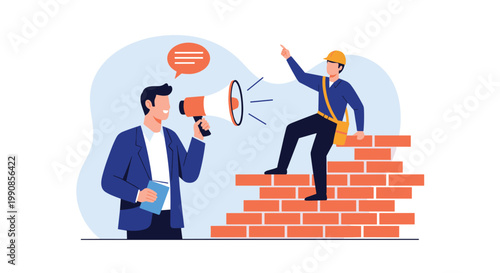 Manager in a suit yelling through a megaphone at a construction worker sitting on a brick wall while pointing towards a goal.