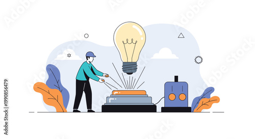 Man working with tools on a machine base to assemble a giant glowing lightbulb representing the creation of a new idea.