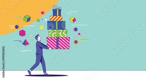 Happy man in a blue suit walking while carrying a very tall stack of colorful wrapped gift boxes with geometric shapes floating around.