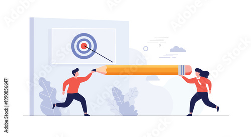 Collaborative business partners carrying a giant pencil towards a target bullseye symbol to reach their goals.
