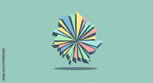 Abstract geometric explosion of colorful shards and shapes with shadow on a pastel mint green background