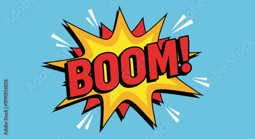Retro comic book style "BOOM!" explosion graphic with bright colors and starburst effect on a blue background