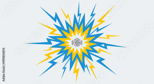 Explosive starburst with lightning bolts in yellow and blue, representing energy, power, and excitement on a light grey background.