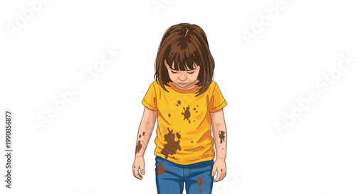 Young girl looking down at her messy yellow shirt and blue jeans covered in brown mud stains after playing.