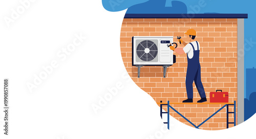 Professional repairman standing on a scaffold to fix an outdoor air conditioning unit mounted on a brick wall.