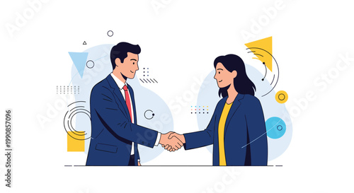 Business man and woman in suits shaking hands to confirm a successful deal amidst abstract geometric designs.