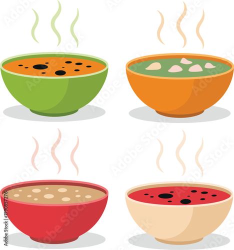 Hot soup bowls set vector illustration, steaming food meal collection delicious cuisine menu design