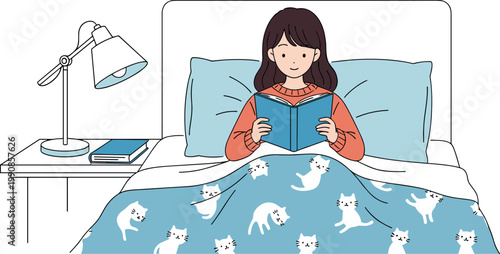 Cozy Bedroom Illustration with Girl Reading a Book in Bed with a Warm Blanket and Night Lamp