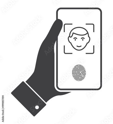 Hand hold smartphone with facial recognition technology and biometric scannin Identification symbol icon