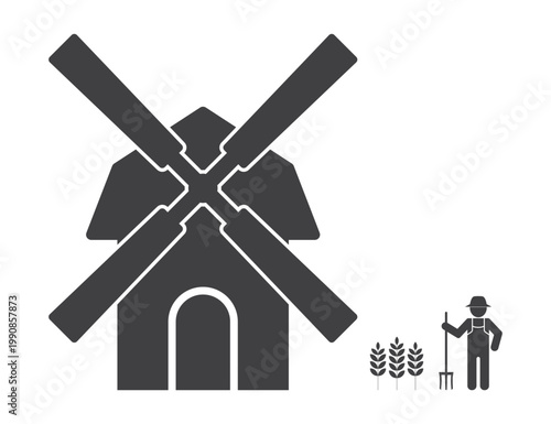 Windmill farm icon with farmer and wheat grain symbols
