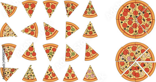 Pizza Slice Collection with Various Toppings and Whole Pizza Variations, Italian Fast Food Set with Cheese, Pepperoni, and Vegetable Flat Vector Illustration