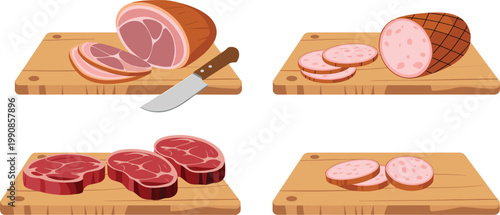 Meat cuts set vector illustration, ham steak sausage sliced on cutting board food collection