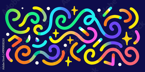 Colorful abstract waves and curves with scattered star like highlights