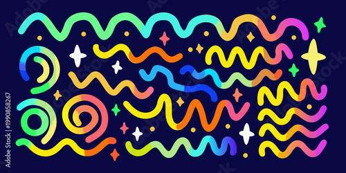 Colorful abstract waves and sparkles on a dark blue background