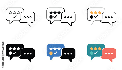 Feedback system icon, stylized speech bubbles star ratings checkmarks and comment symbols, customer review and rating concept