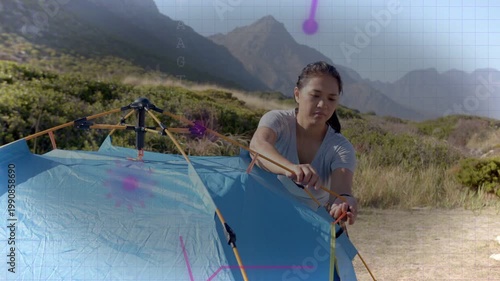 After setup, hiker threading poles, pulling straps for camping, purple icons drifting over hands