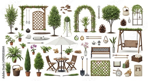 Gardening tools and furniture collection for outdoor spaces