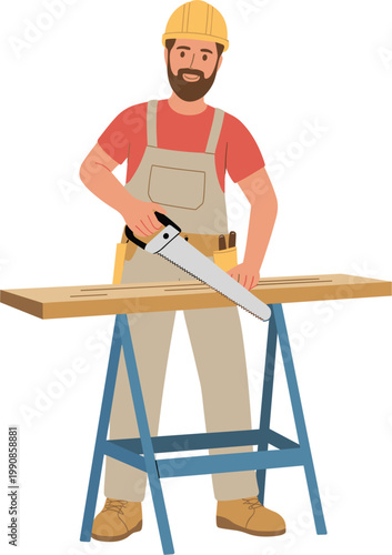 Carpenter working with hand saw vector illustration, construction worker woodworking tool craftsman profession concept