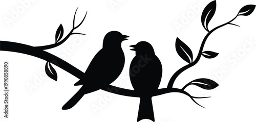 Birds on branch silhouette vector illustration, couple sparrows nature love wildlife tree scene design