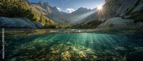 Mountain lake split view with sunlight and underwater perspective landscape