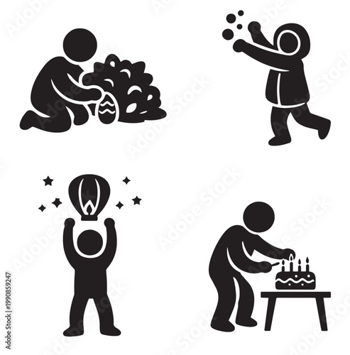 Four festive silhouette icons showing easter egg hunt snowball play lantern release and birthday cake celebration in simple black design