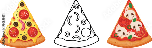 Pizza Slice Illustration Set with Pepperoni, Vegetable Toppings and Outline Sketch Version for Fast Food Menu, Restaurant Branding, and Delivery Design