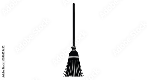 A simple black silhouette of a traditional straw broom on white