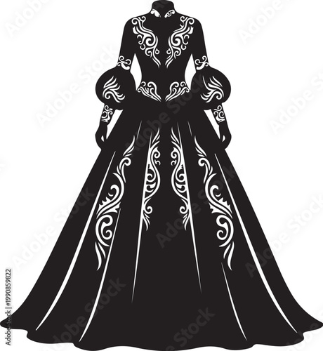 Elegant black Victorian dress, ornate white filigree, long sleeve gown, formal fashion vector