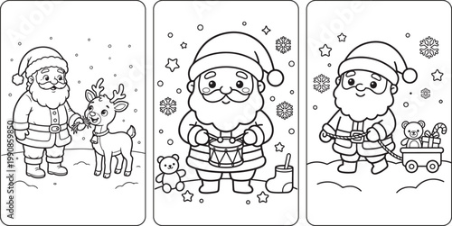 Cute Santa Claus feeding reindeer playing drum and pulling toy cart coloring page set black and white line art Christmas illustration for kids