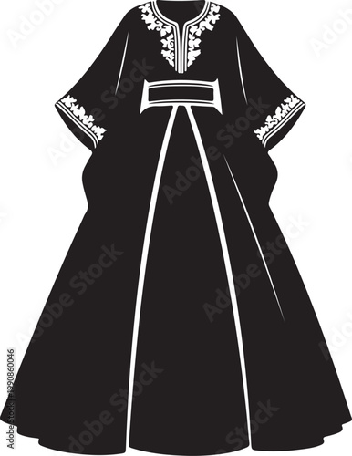 Black abaya dress, Arabic kaftan, Muslim fashion, elegant vector illustration