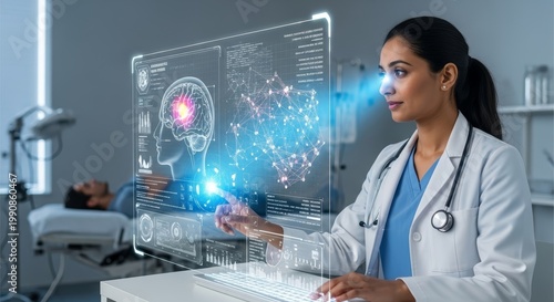 Female doctor utilizes advanced holographic display for brain scan analysis, demonstrating innovative AI diagnostics and the future of medical technology in healthcare