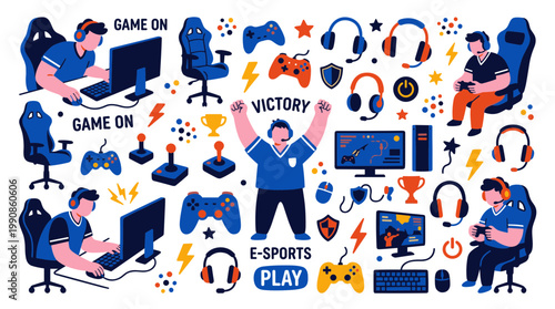 Excited gamers celebrating victory with colorful e-sports equipment and gaming setups, showcasing digital entertainment and competitive online play.