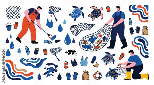 Volunteers cleaning ocean pollution rescuing sea turtles from plastic waste in nets, environmental protection concept