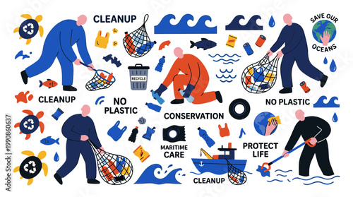 Ocean conservationists cleaning up plastic pollution from the sea protecting marine life and the planet from environmental damage