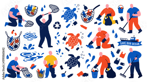 People cleaning ocean pollution with nets and rakes collecting plastic bottles and bags to save marine life and turtles