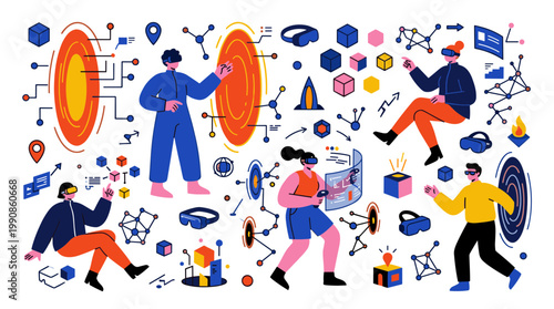 Diverse people exploring virtual reality technology with immersive digital interfaces and futuristic portals in a vibrant abstract setting