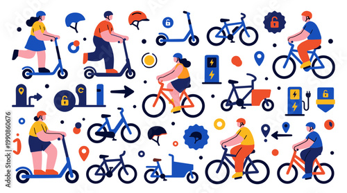 Diverse people enjoying eco friendly urban transportation options like electric scooters and bicycles for sustainable city living and commuting