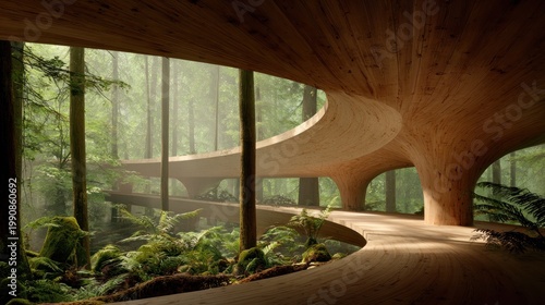 Modern architectural interior overlooking a lush green forest environment