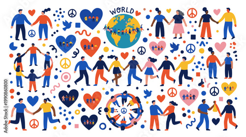 Diverse people holding hands around the world symbolizing unity peace and global connection with colorful hearts and peace signs celebrating togetherness
