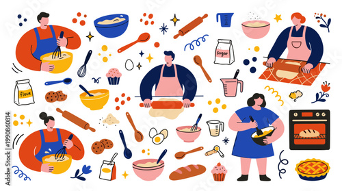 Happy bakers preparing delicious homemade treats with fresh ingredients and baking tools in a bright kitchen illustration