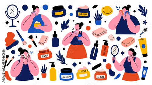 Diverse women applying skincare products for healthy glowing skin, self care routine, beauty treatments and wellness