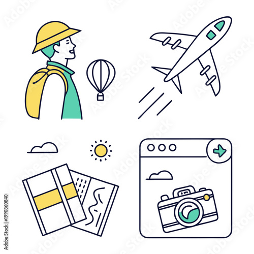 A colorful vector graphic illustration of a traveler with a plane, hot air balloon, map, and camera